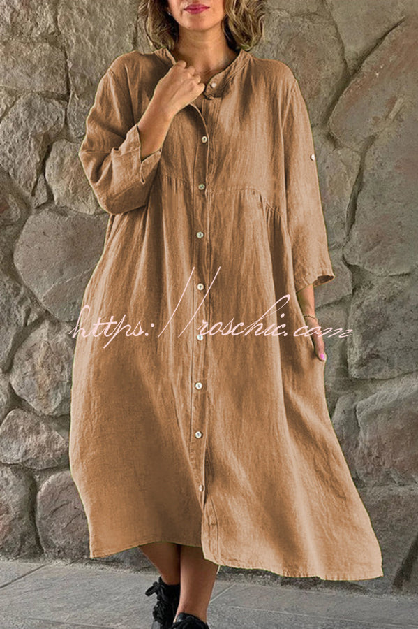 Mindful Cotton Blend Color Button Midi Dress
