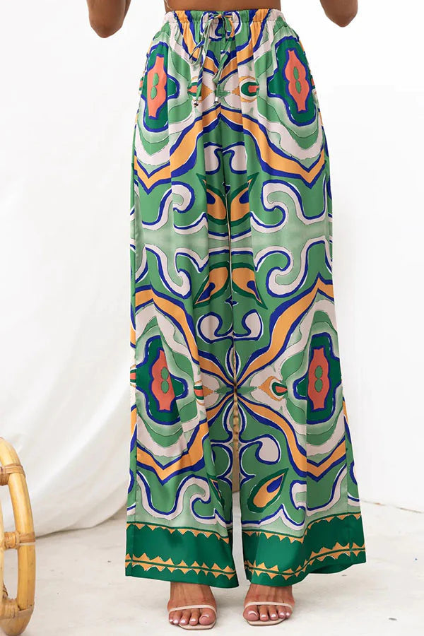 Oh So Satin Abstract Print Satin Elastic Waist Pocketed Wide Leg Pants