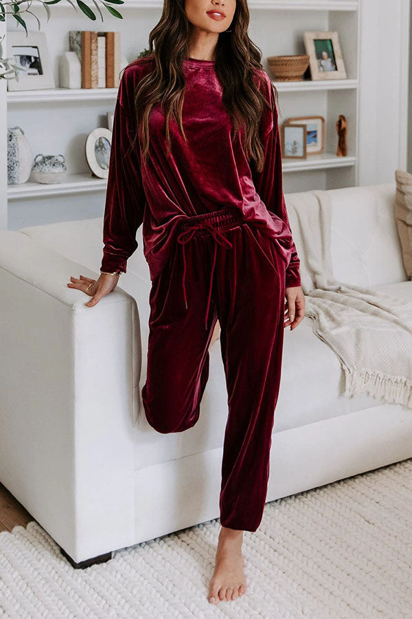 Red Velvet Round Neck Top & Drawstring Pants Longe Set