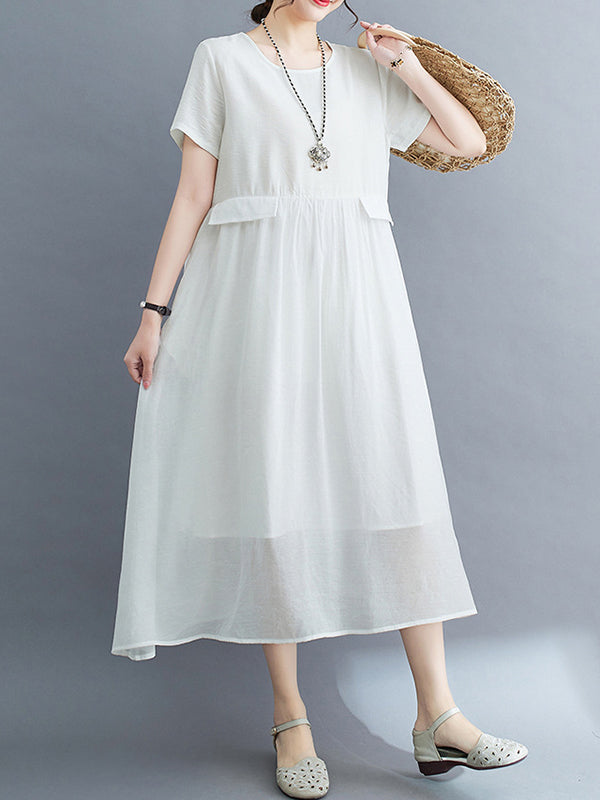 Loose Short Sleeves Gauze Color Split-joint Round-neck Midi Dresses