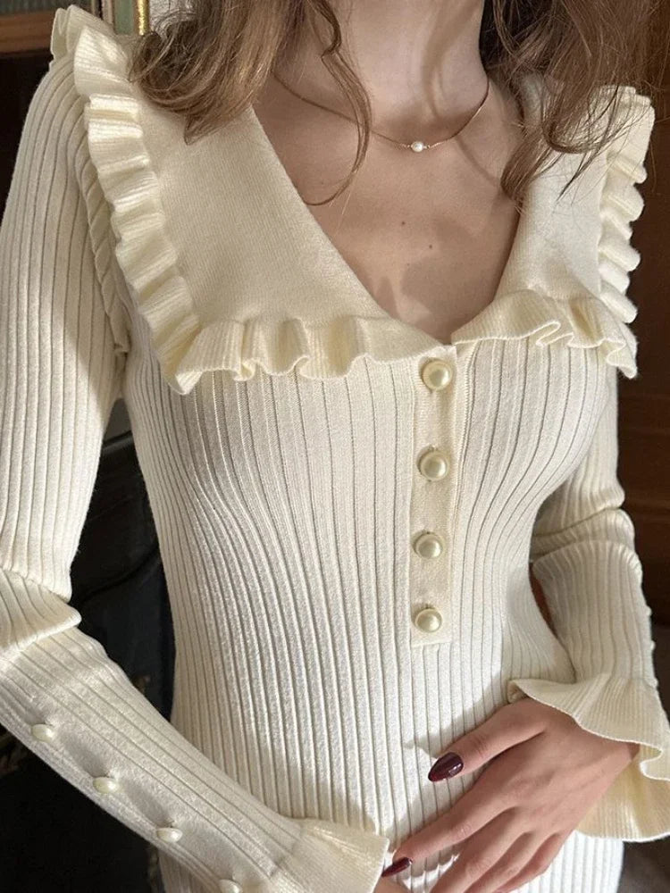 High Waist Ruffled Maxi Dresses for Autumn Winter Knitted Slim Long Dress ’s Dress Woman Retro