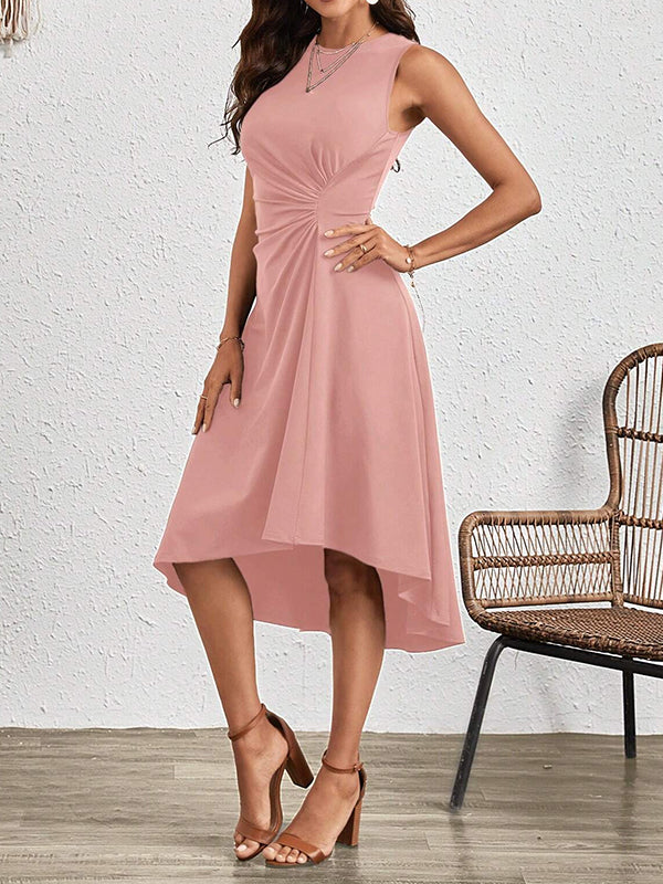 A-line High Waisted Asymmetric Pleated Color Split-joint Round-neck Midi Dresses