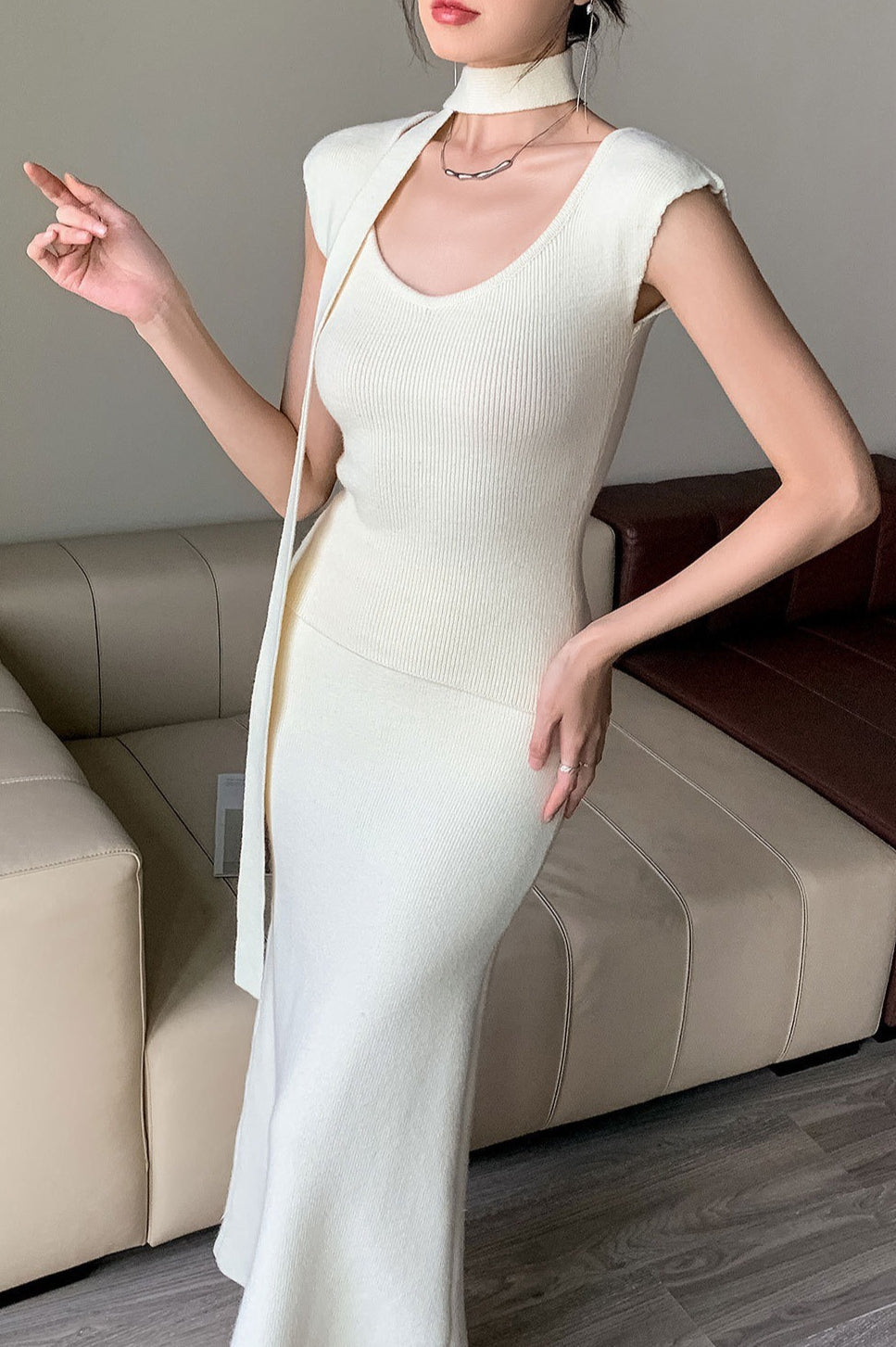 Ribbed High-end Knit Cardigan Tank Wide-leg Pants Three Piece Set