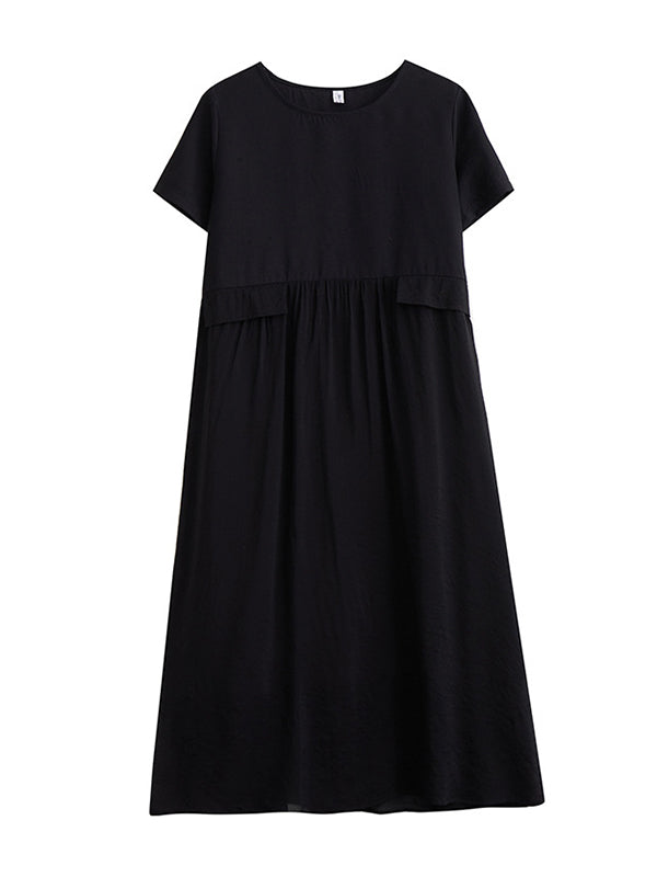 Loose Short Sleeves Gauze Color Split-joint Round-neck Midi Dresses