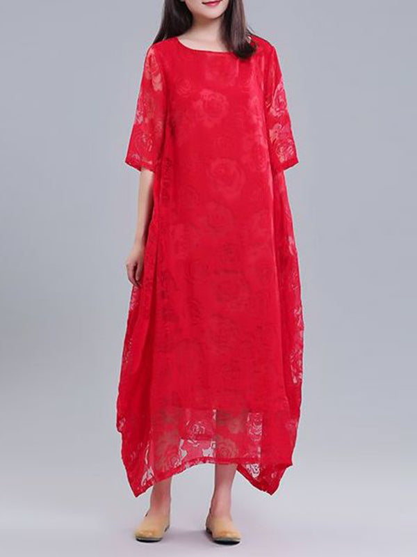 A-line Half Sleeves Flower Print See-through Color Round-neck Midi Dresses