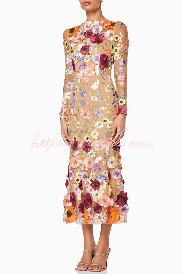 Dignified and Refined Charm Embroidered Applique Long Sleeve Fish Tail Midi Dress