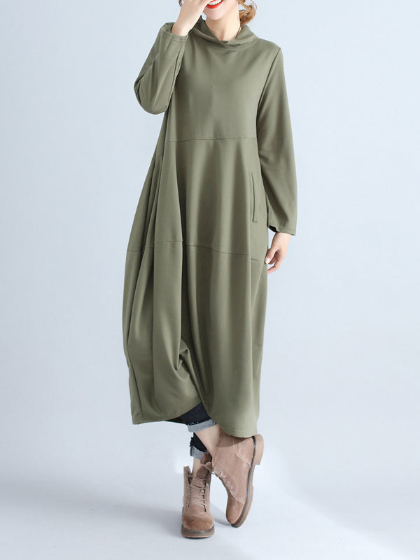 Loose Color Hooded Midi Dresses