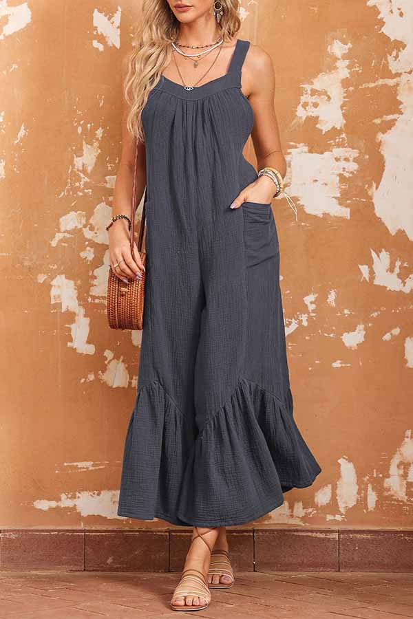 Grey Color Sleeveless Flare Leg Jumpsuit With Pockets