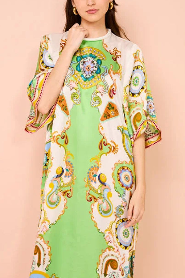 Oil-painted Art Midi Dress With Half Sleeves