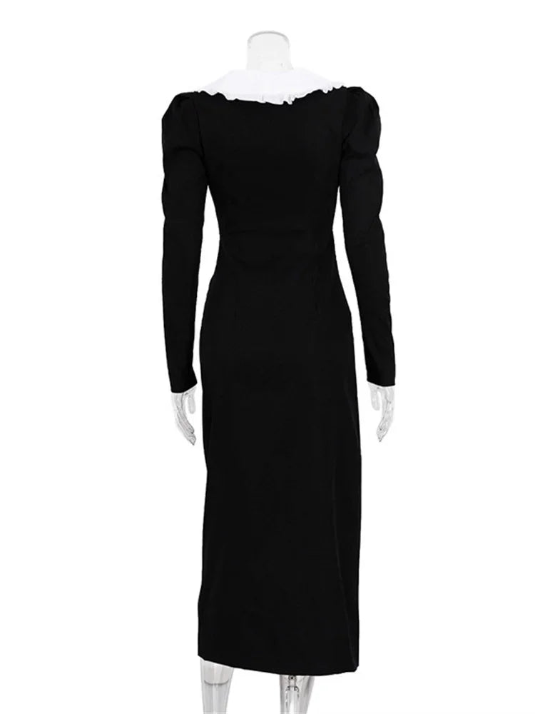 Autumn Maxi Dress Female Patchwork V-neck Contrast Slim High Split Party Dress Gown Dress