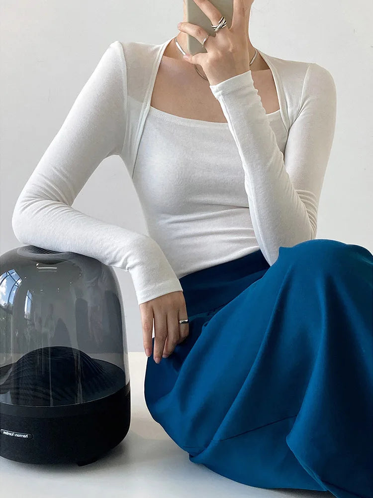 French Gentle Long-sleeved Square-neck T-shirt Slim Fake Two-piece Top Autumn Color Bottoming Shirt