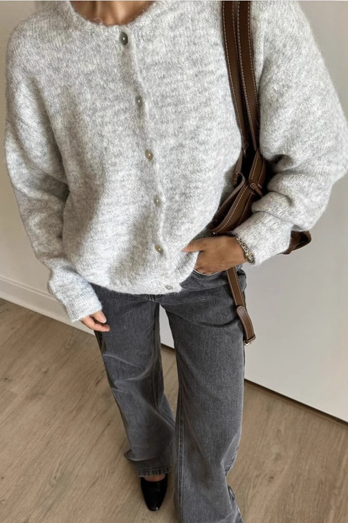 Soft Gray Shell-button Knit Cardigan