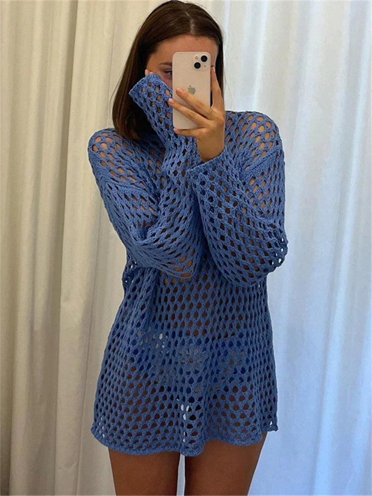 Knit Hollow Out Cover Up Mini Dress for See-through Loose Beach Holiday Clothes Summer Patchwork Knitwear Cover Up