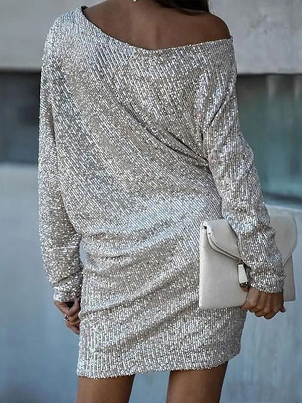 A-line Loose Asymmetric Sequined Color One-shoulder Mini Dresses