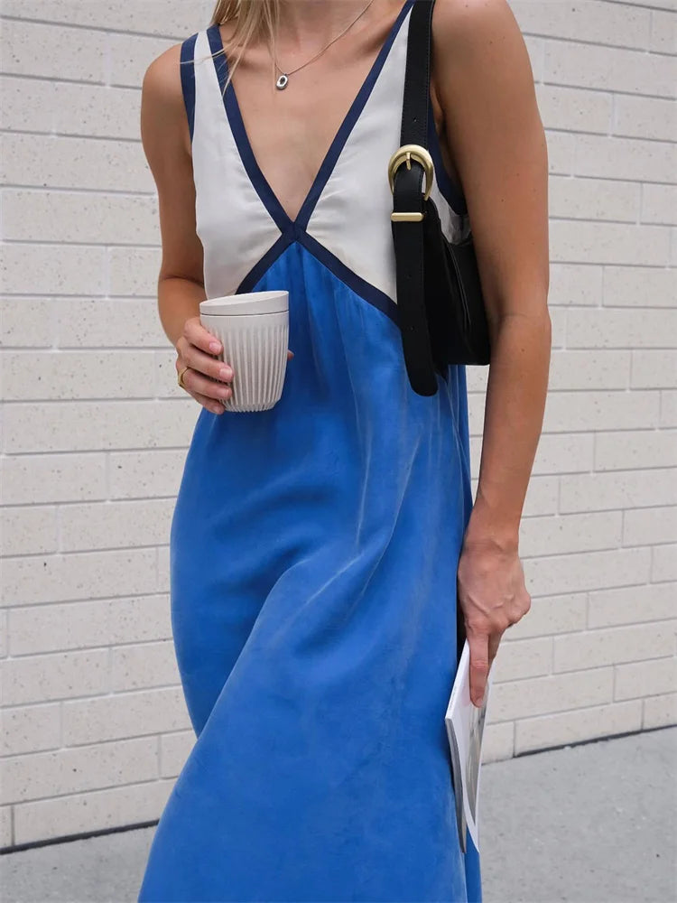 Patchwork V-neck Strapless Maxi Dress – Sleeveless Spring Party Dress