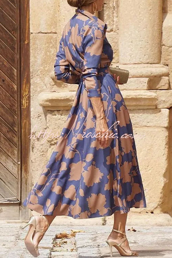 Lapel Print Lace Up Buttoned Pockets Long Sleeve Midi Dress