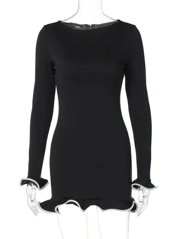 Ruffled Autumn Mini Dress ’s Slim Long Sleeve Patchwork Party Dress Female Mini Dress New