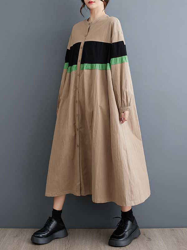 Long Sleeves Loose Buttoned Contrast Color Elasticity Split-joint Round-neck Midi Dresses
