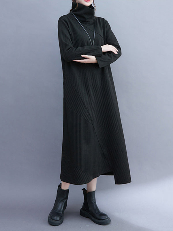 Irregularity Long Sleeves Color High-neck Midi Dresses