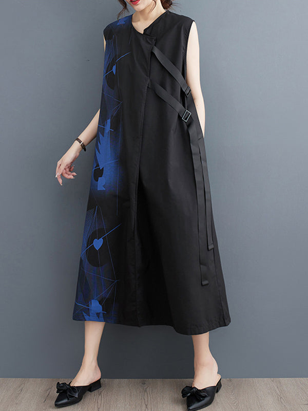 Loose Sleeveless Printed Round-neck Midi Dresses