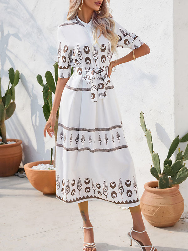 A-line Half Sleeves Buttoned Tied Waist Lapel Midi Dresses