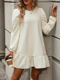 A-line Long Sleeves Elasticity Pleated Color Split-joint Round-neck Mini Dresses