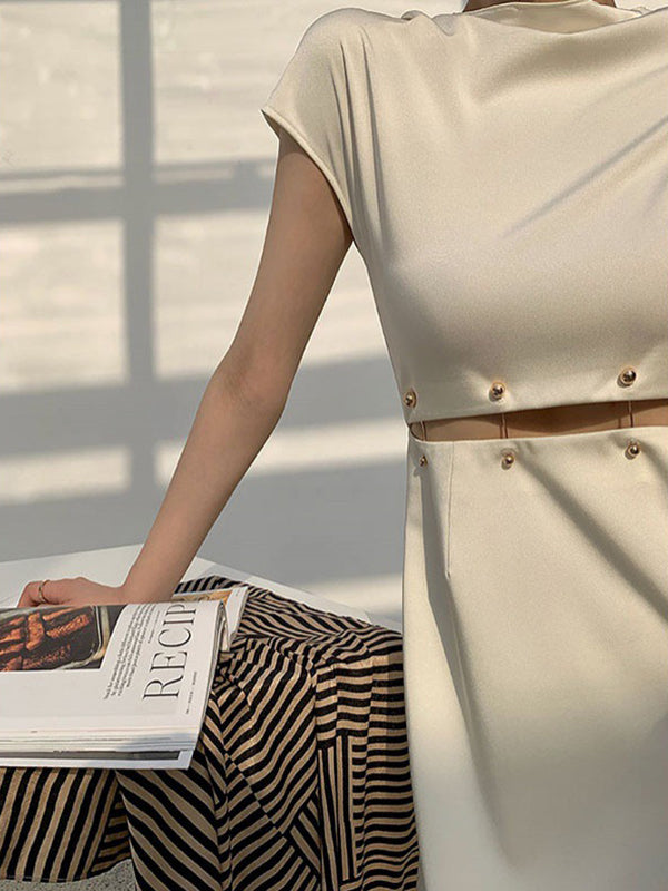 A-line High Waisted Detachable Hollow Split-joint Mock Neck Midi Dresses
