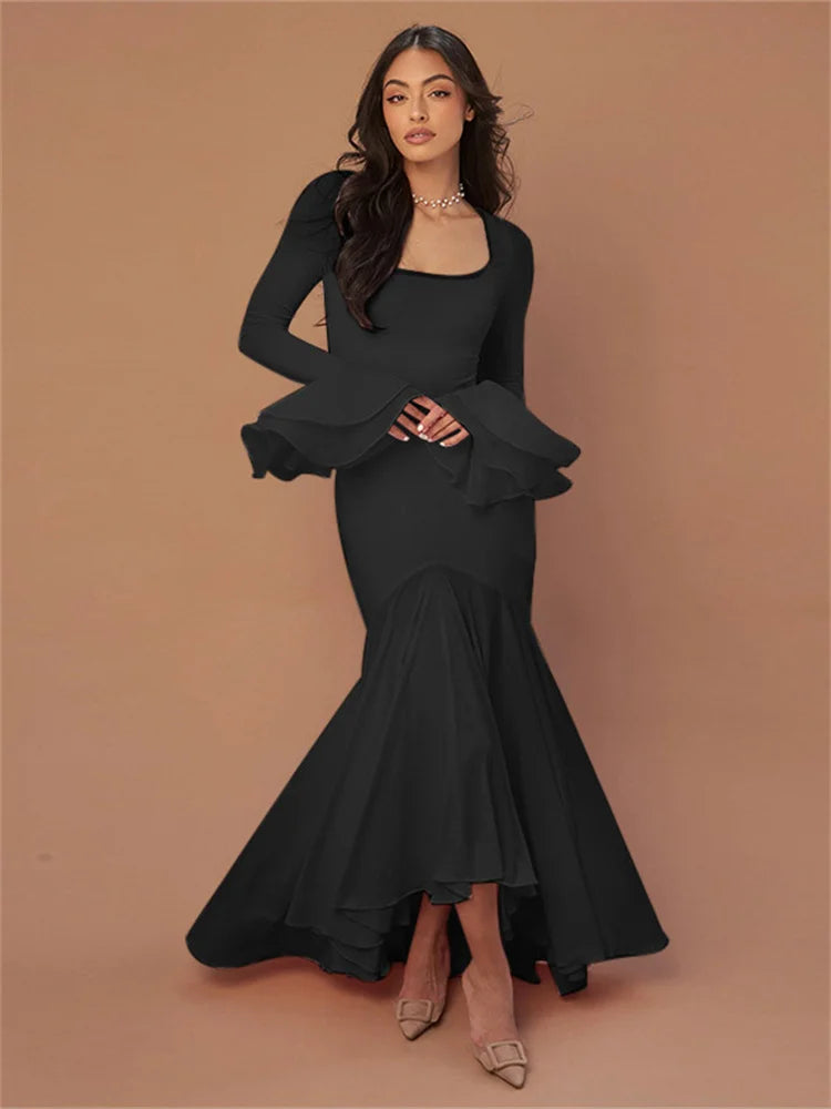 Ruffled Square Collar Maxi Dress for Bandage Slim See-through High Waist Party Dress Gown ’s Long Dress