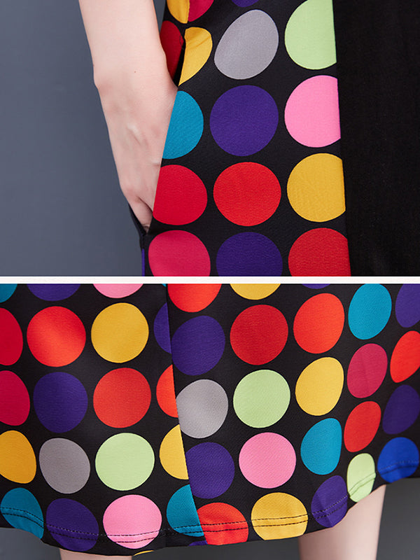 Loose Short Sleeves Multi-colored Polka-dot Split-joint Round-neck Midi Dresses