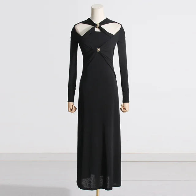 Irregular High-waist Slim-fitting Long-sleeved Dress Fashionable Metal Twist Evening Dress White Long Dresses for