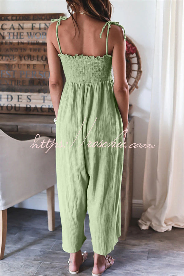 Color High Waist Linen Blend Suspender Pleated Jumpsuit