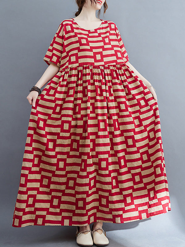 Loose Short Sleeves Plaid Round-neck Midi Dresses