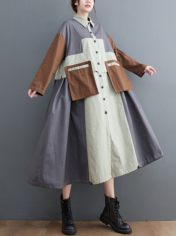 Loose Long Sleeves Contrast Color Polo Midi Dresses