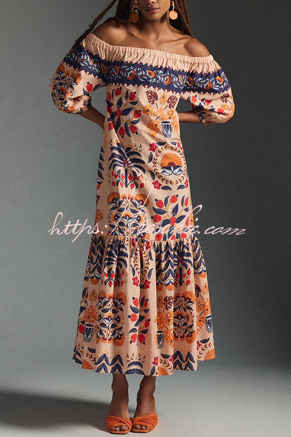 Island Lover Printed Off the Shoulder Pocketed Flowy Midi Dress