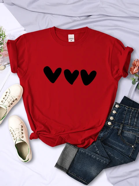 Black Heart Printing Female T-shirts Personality Street Short Sleeve All-math Soft Tee Clothing Breathable Tops