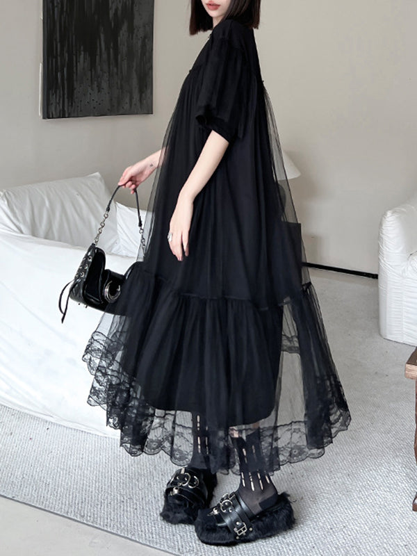 Fake Two-piece Loose Gauze Pleated Color Split-joint Tiered Round-neck Midi Dresses