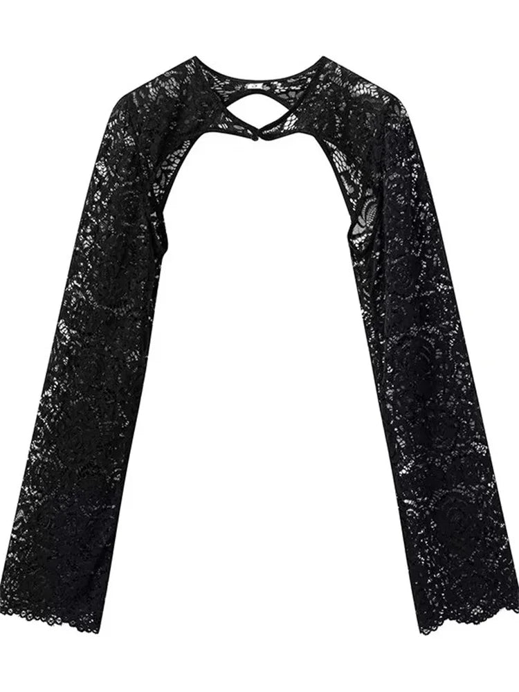 Black Lace Mini Dress ’s 2 Piece-set Shrug Hollow Out Printed Party Dress Sets Female See-through Dress