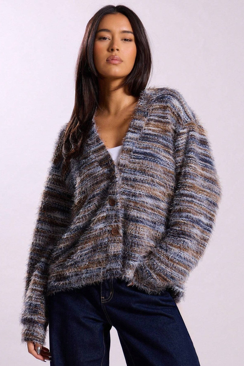 New Retro Deep V-neck Maillard Plush Long-sleeve Knit Cardigan