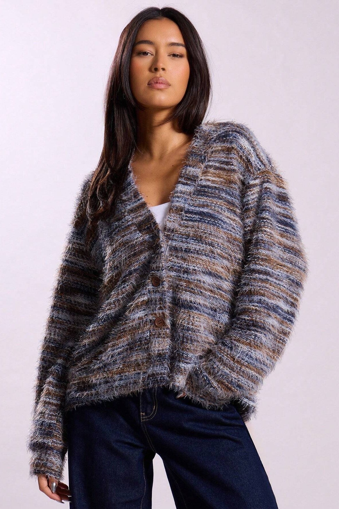 New Retro Deep V-neck Maillard Plush Long-sleeve Knit Cardigan