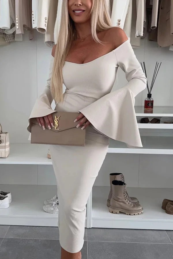 Color Off-shoulder Trumpet Sleeve Slim Midi Dress