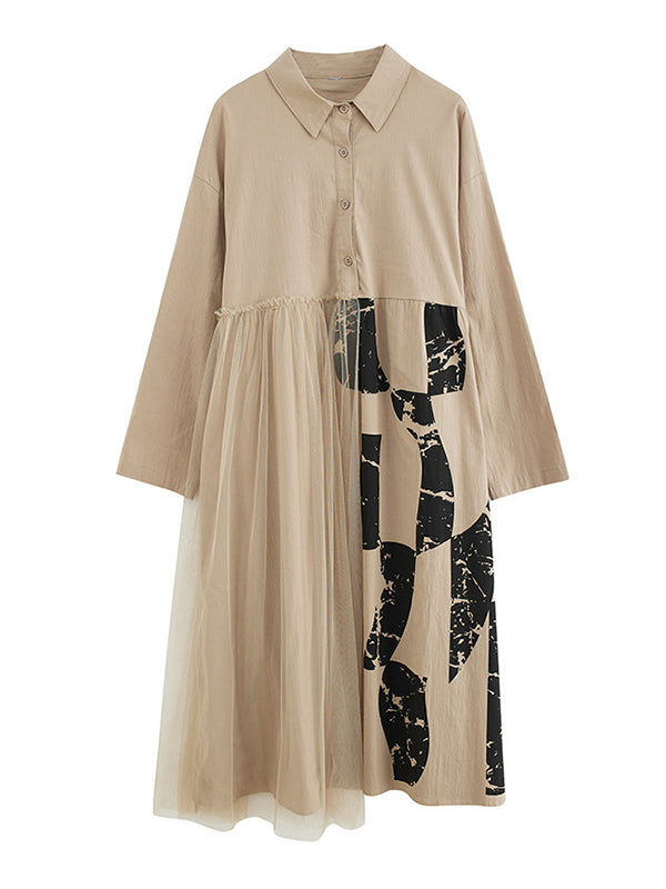 Long Sleeves Loose Contrast Color Split-joint Lapel Collar Midi Dresses