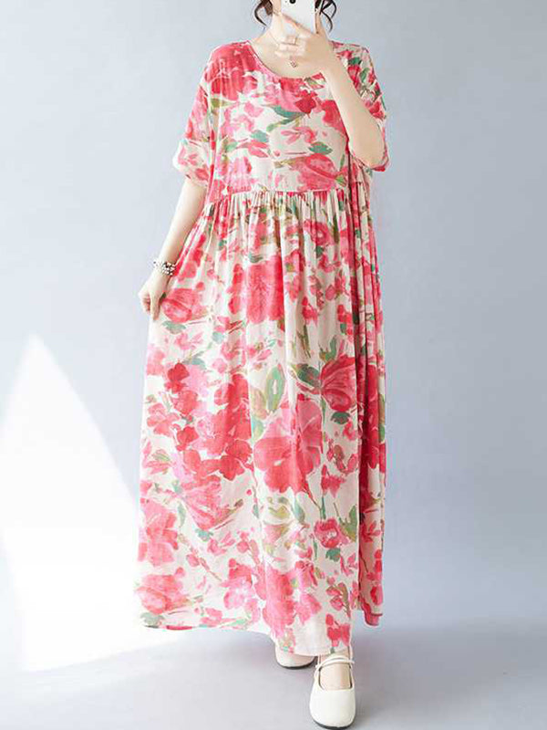 A-line Batwing Sleeves Flower Print Pleated Split-joint Round-neck Midi Dresses