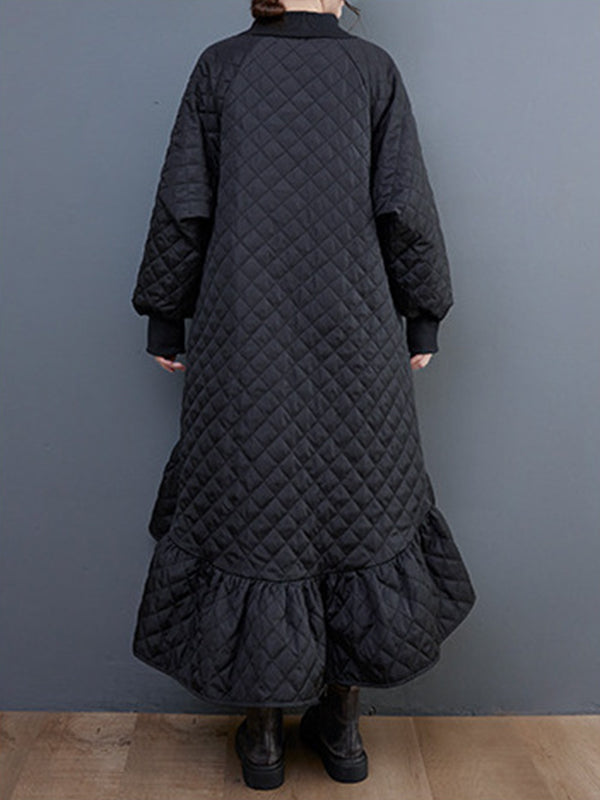 Long Sleeves A-line Rhombic Falbala High-neck Midi Dresses