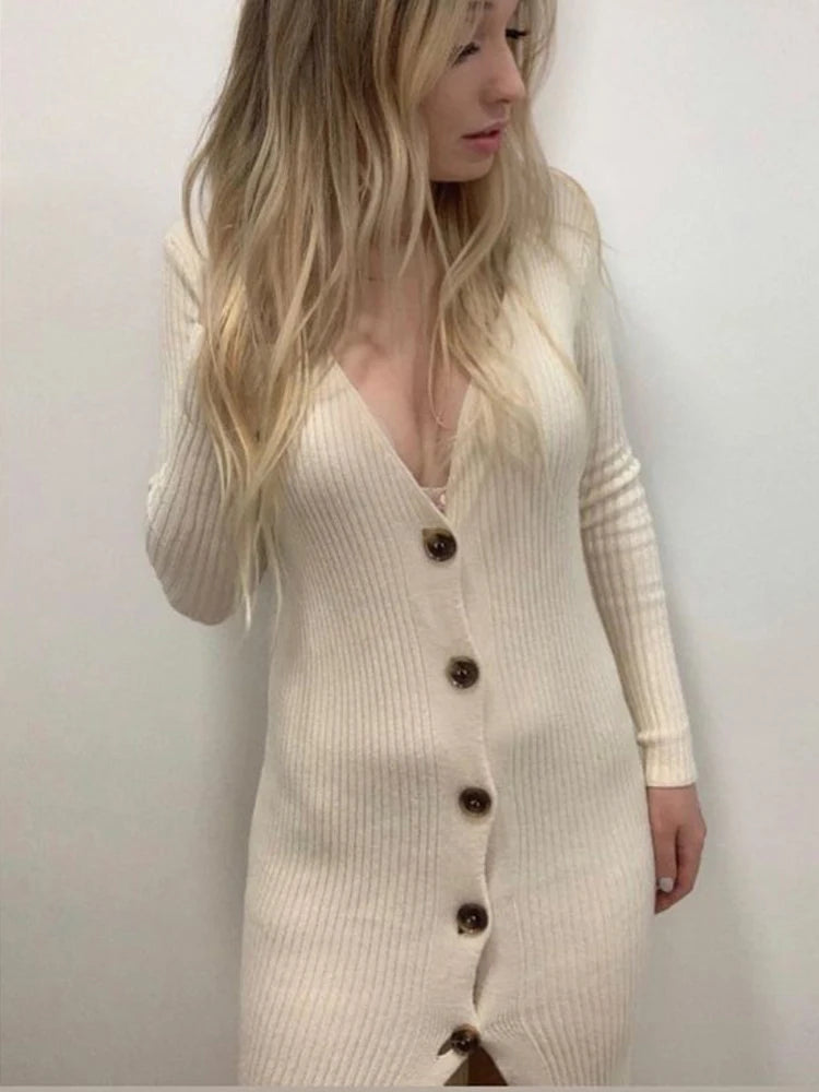 Spring New Knitted Sweater Dress V Neck Long Sleeve Bodycon Midi Dress Cardigan Knitwear White Dresses