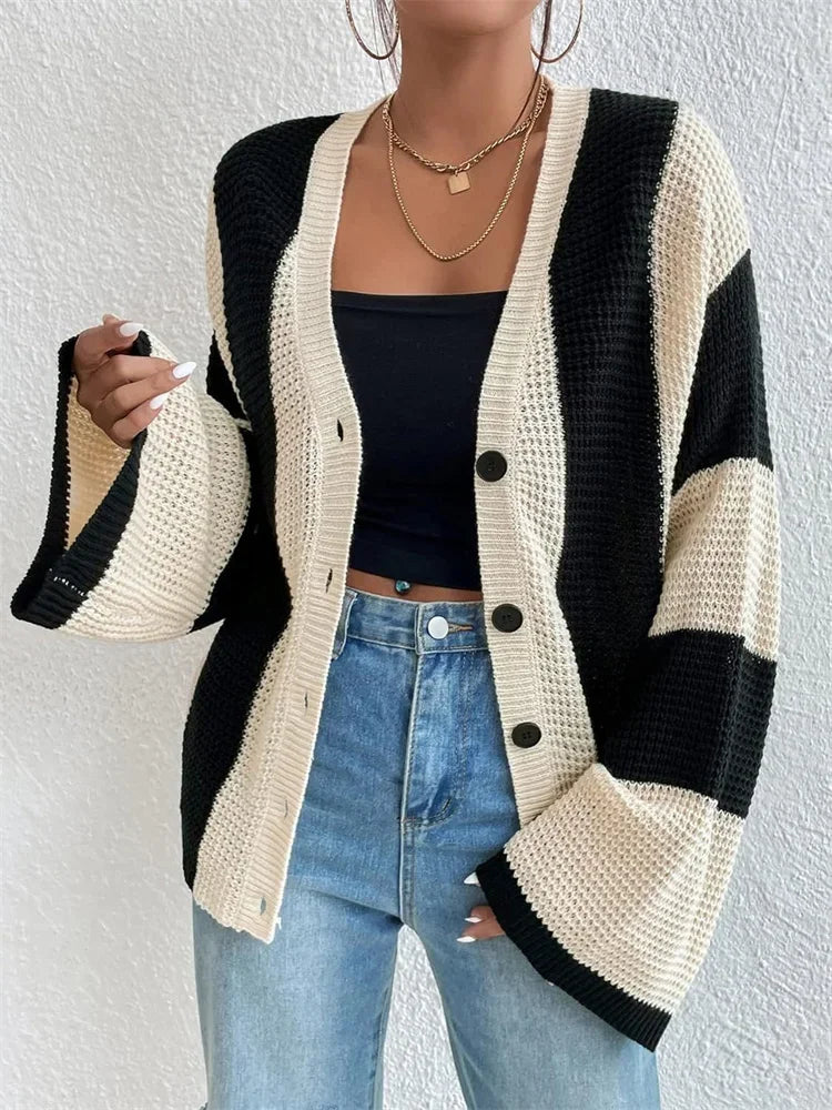 Hollow Out Contrast Cardigan Sweater Knitwear Loose Long Sleeve High Street Outwear Patchwork Female Coat