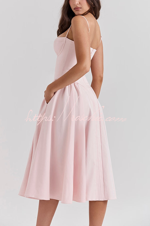 Color Slim Fit Suspender Pocket Midi Dress