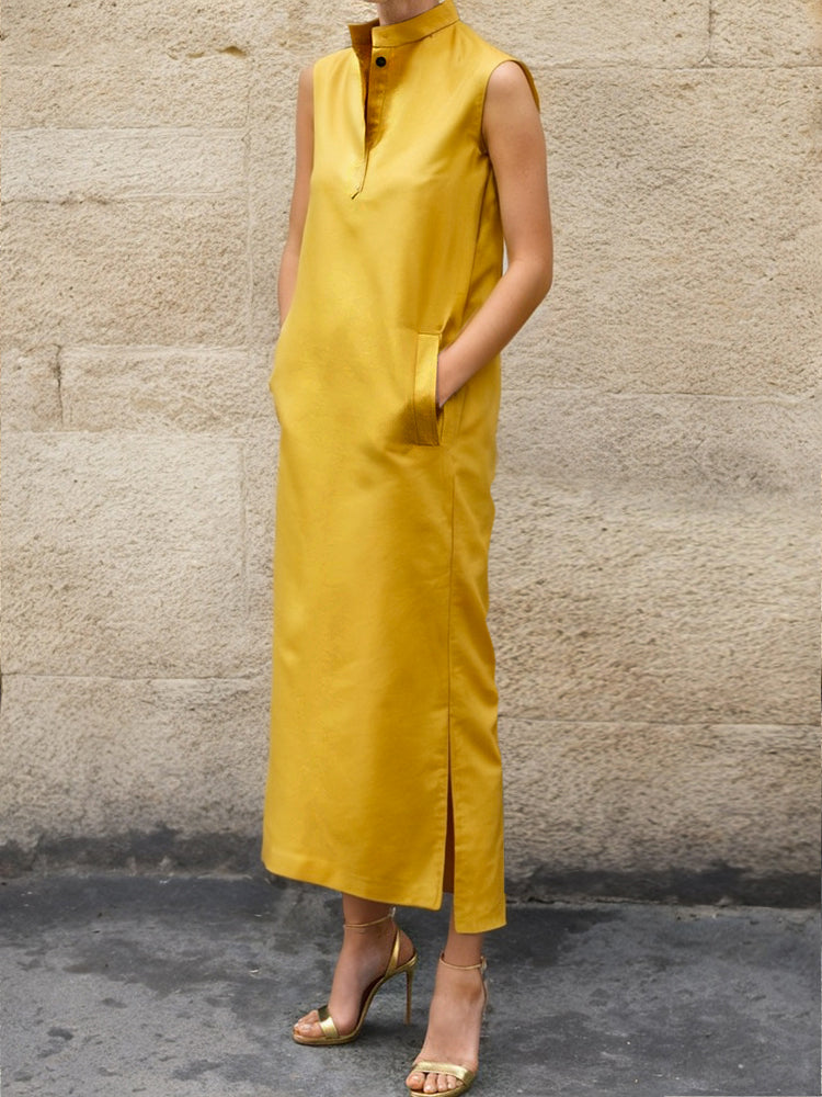 Sleeveless Color Split-side Lapel Midi Dresses Shirt Dress