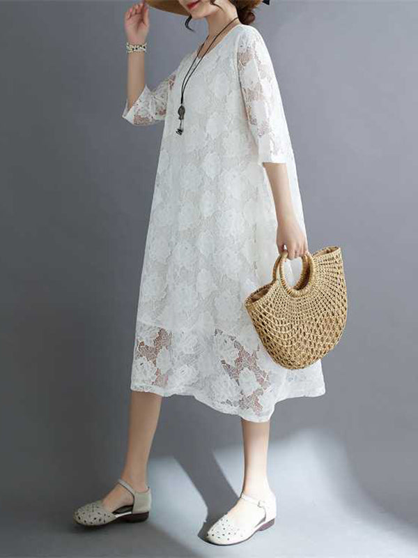 Half Sleeves Loose Hollow Color Round-neck Midi Dresses