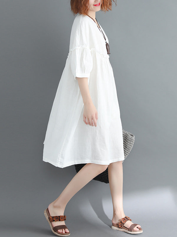 Artistic Retro Loose Falbala Color Pleated Midi Dress