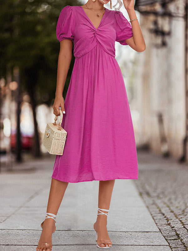 A-line High Waisted Elasticity Knot Pleated Color Split-joint V-neck Midi Dresses